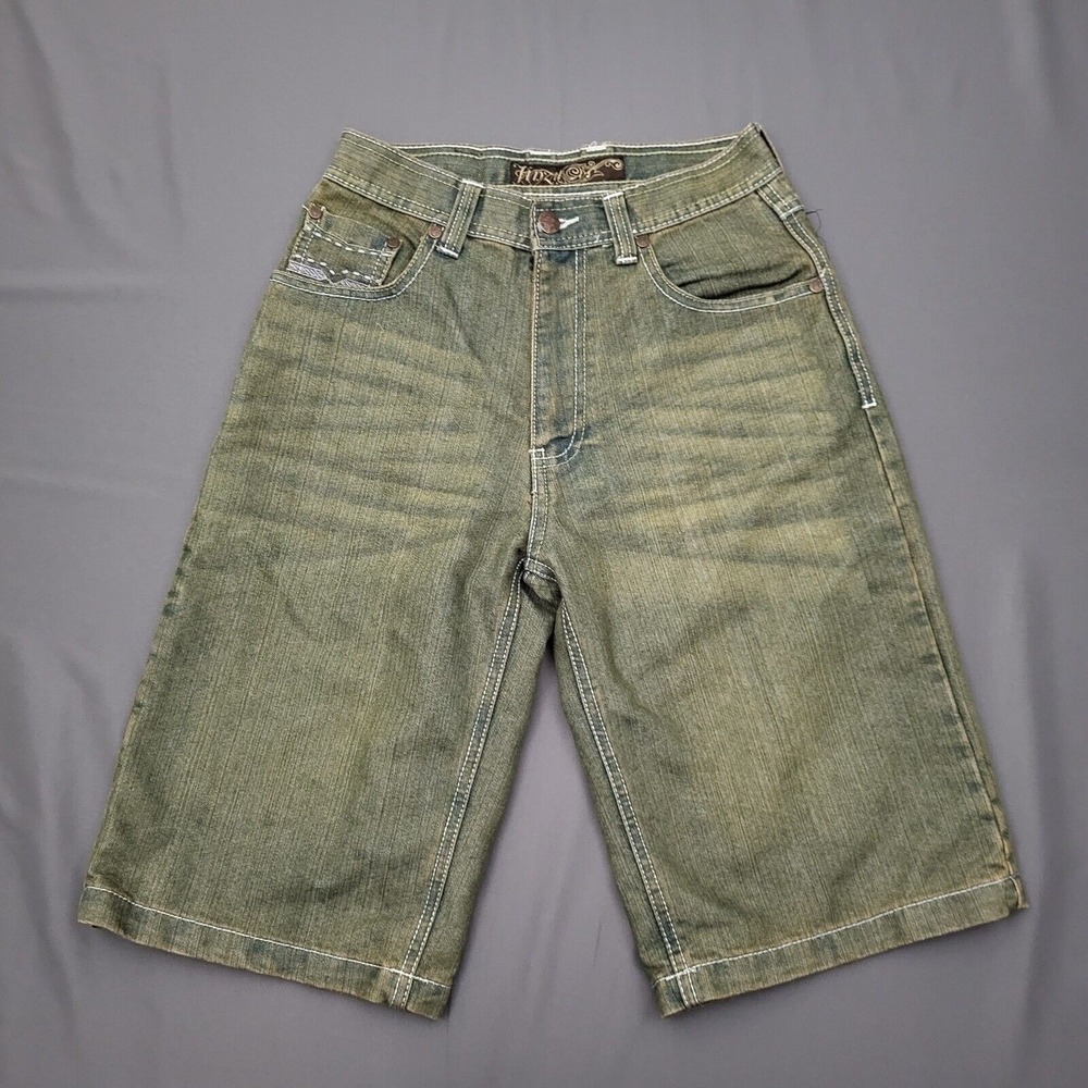 Jinzu Kids Size 14 Baggy Denim Shorts Olive Green Tinted Y2K Skater Streetwear
